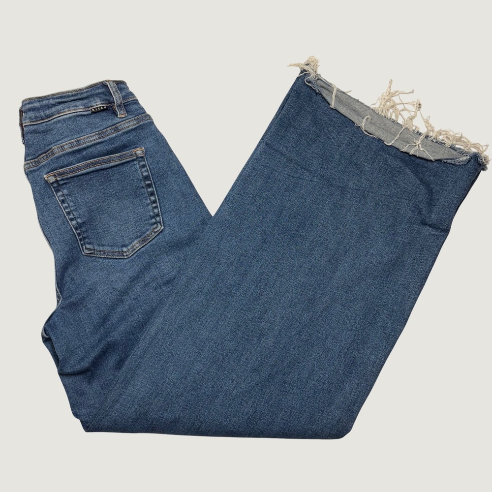 Risen Jeans Wide Leg Pants Womens 7/28 Blue High Rise Raw Hem Flare PWC21001